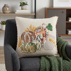 20" Beige And Green Pumpkins Cotton Throw Pillow with Embroidery And Texture