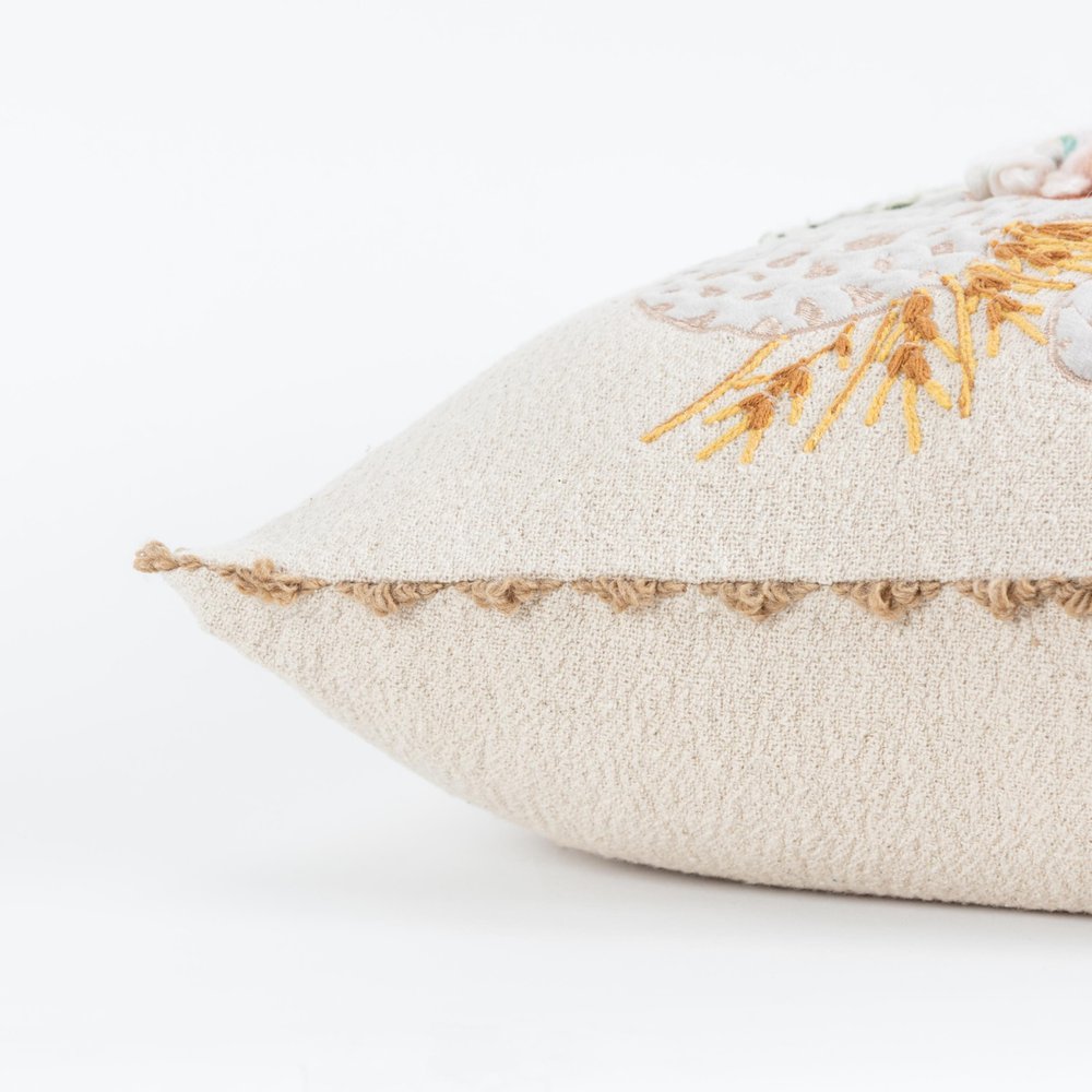 20" Beige And Green Pumpkins Cotton Throw Pillow with Embroidery And Texture