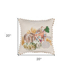 20" Beige And Green Pumpkins Cotton Throw Pillow with Embroidery And Texture
