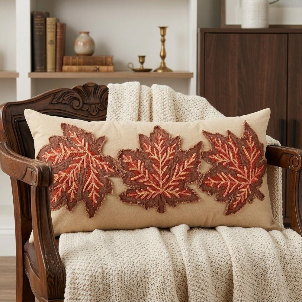 14" X 26" Beige and Brown Autumn Leaves Throw Pillow With Applique And Embroidery