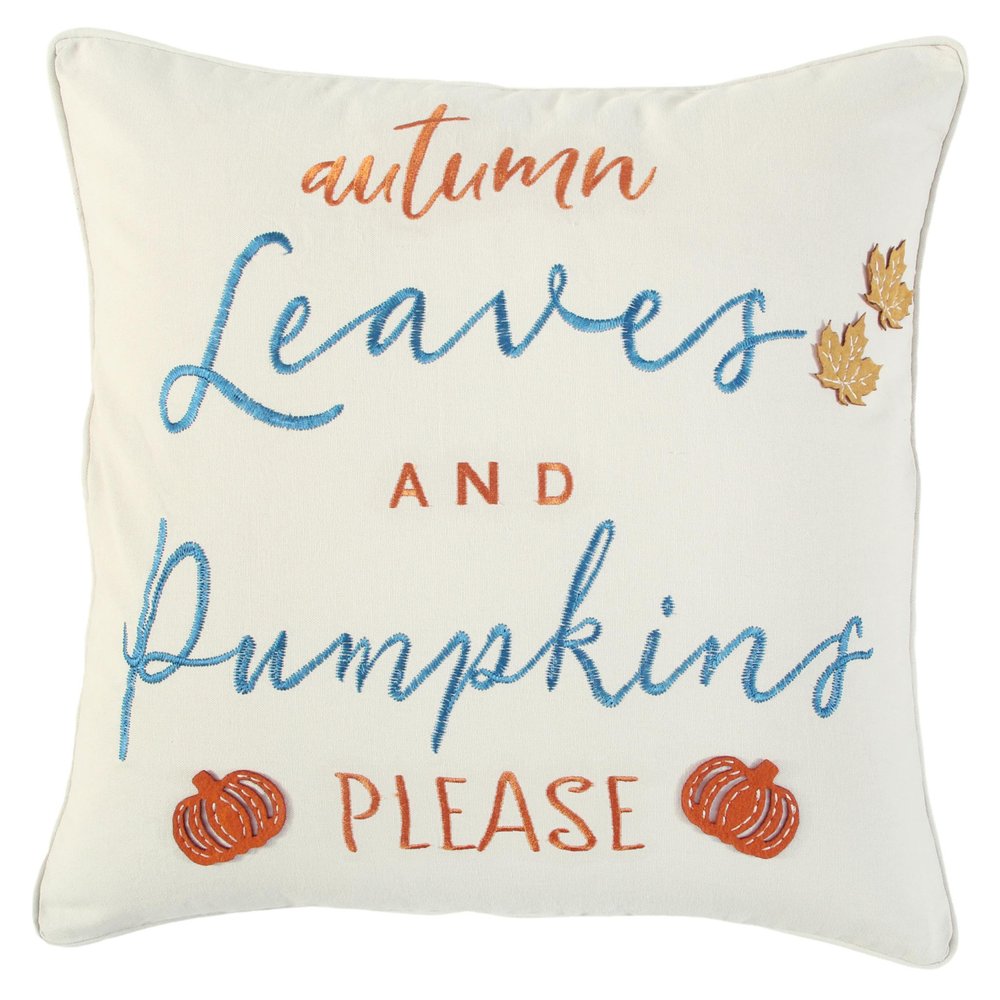 20" Ivory Blue And Orange Autumn Leaves and Pumpkin Please Throw Pillow With Applique And Embroidery