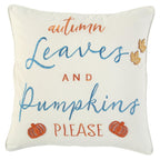 20" Ivory Blue And Orange Autumn Leaves and Pumpkin Please Throw Pillow With Applique And Embroidery