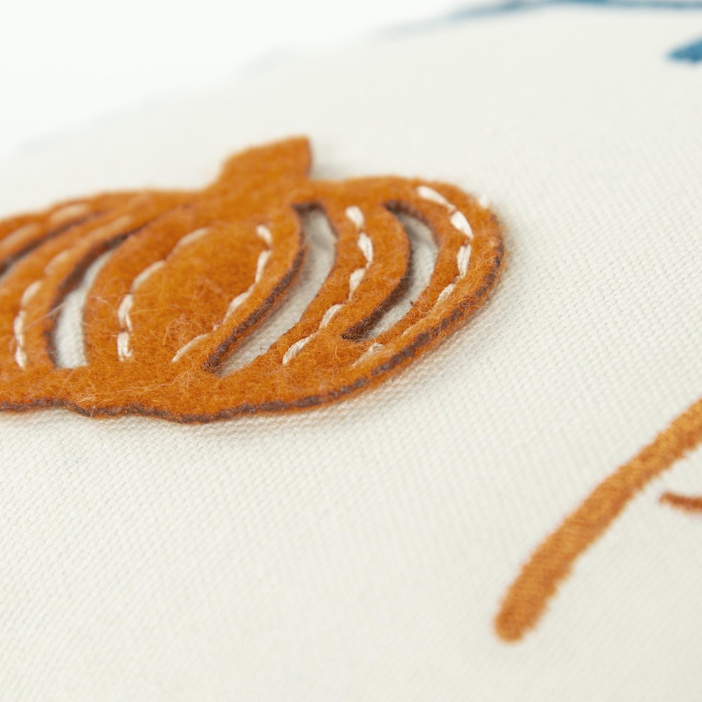 20" Ivory Blue And Orange Autumn Leaves and Pumpkin Please Throw Pillow With Applique And Embroidery
