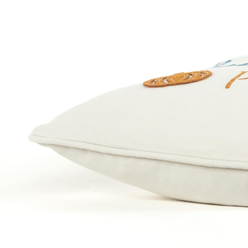 20" Ivory Blue And Orange Autumn Leaves and Pumpkin Please Throw Pillow With Applique And Embroidery
