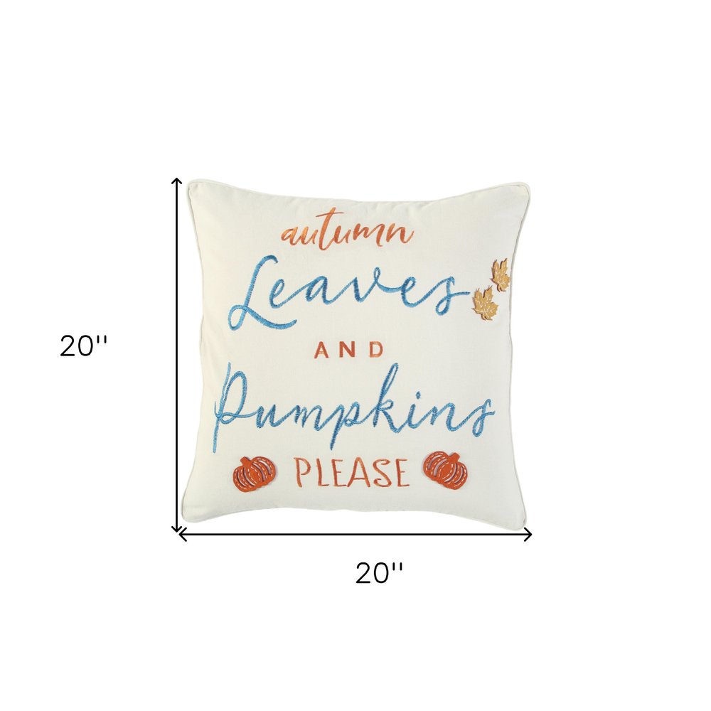 20" Ivory Blue And Orange Autumn Leaves and Pumpkin Please Throw Pillow With Applique And Embroidery