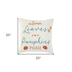 20" Ivory Blue And Orange Autumn Leaves and Pumpkin Please Throw Pillow With Applique And Embroidery