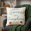 20" Ivory Blue And Orange Autumn Leaves and Pumpkin Please Throw Pillow With Applique And Embroidery