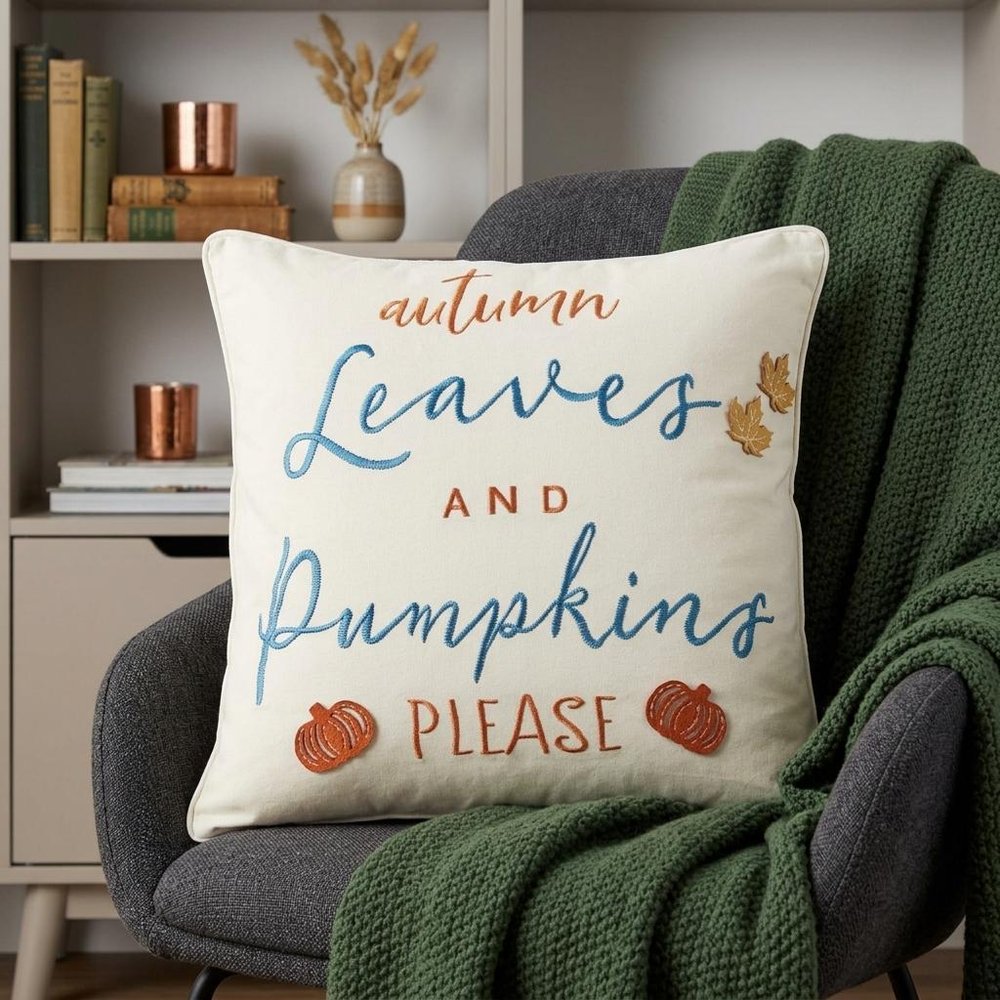 20" Ivory Blue And Orange Autumn Leaves and Pumpkin Please Throw Pillow With Applique And Embroidery