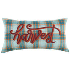 14" X 26" Blue And Orange Harvest Plaid Wool Blend Lumbar Throw Pillow with Embroidery