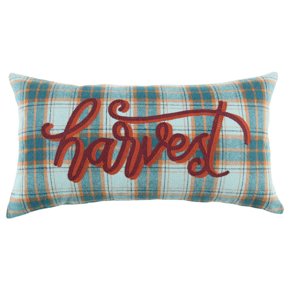 14" X 26" Blue And Orange Harvest Plaid Wool Blend Lumbar Throw Pillow with Embroidery