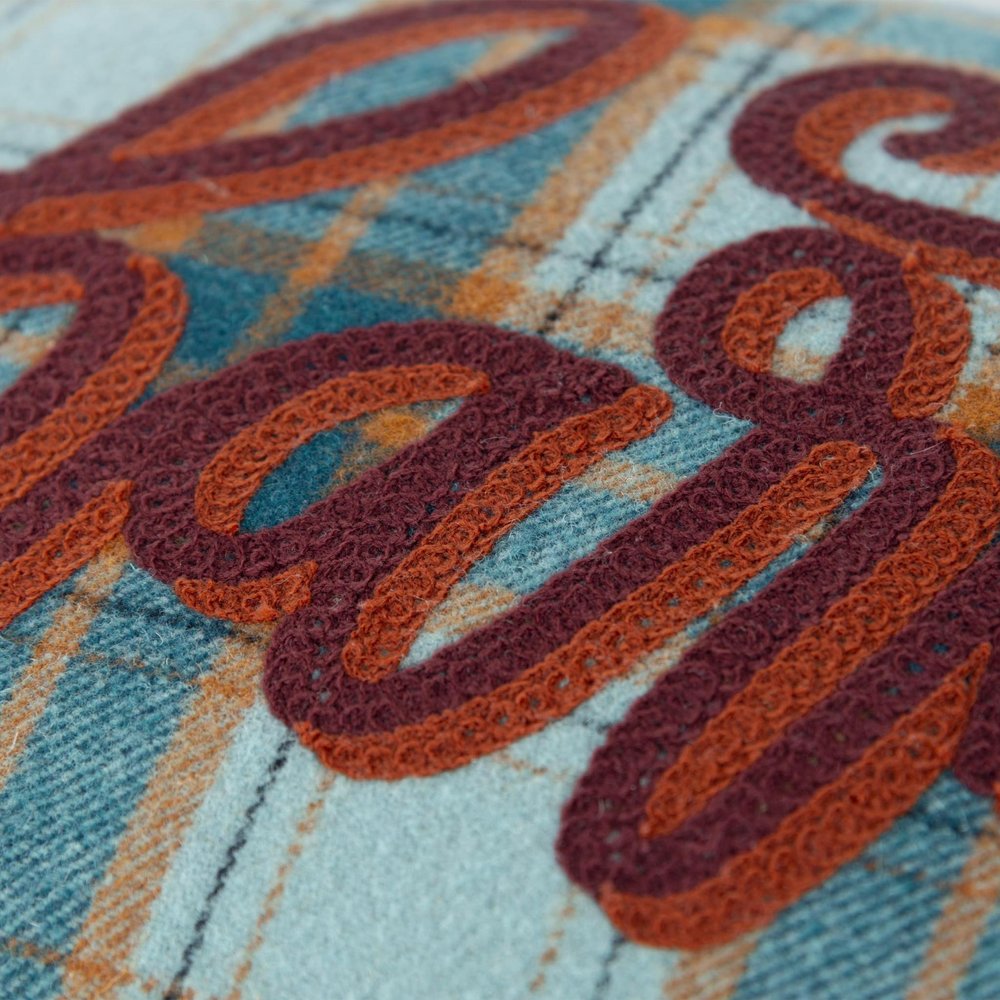 14" X 26" Blue And Orange Harvest Plaid Wool Blend Lumbar Throw Pillow with Embroidery