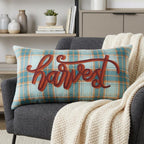 14" X 26" Blue And Orange Harvest Plaid Wool Blend Lumbar Throw Pillow with Embroidery