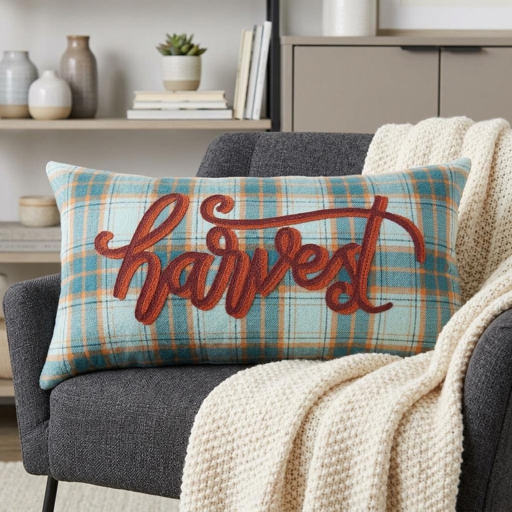 14" X 26" Blue And Orange Harvest Plaid Wool Blend Lumbar Throw Pillow with Embroidery