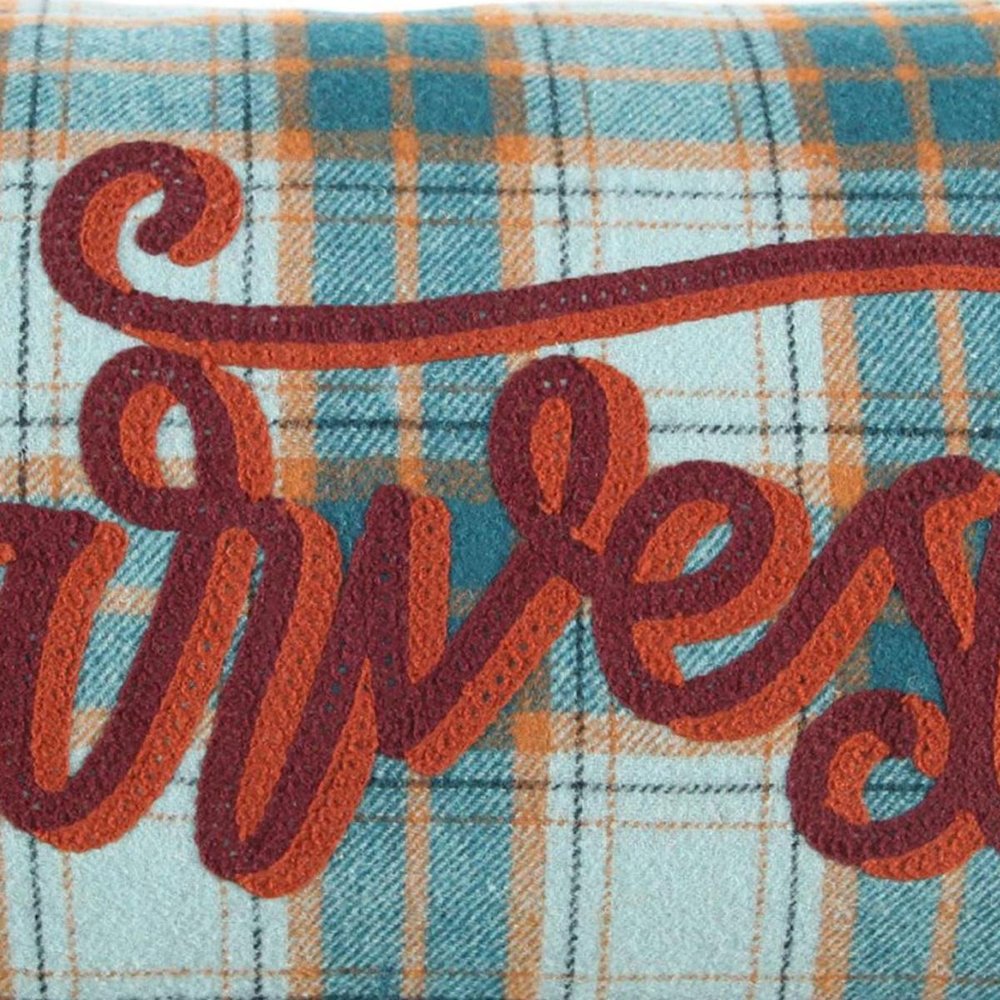 14" X 26" Blue And Orange Harvest Plaid Wool Blend Lumbar Throw Pillow with Embroidery