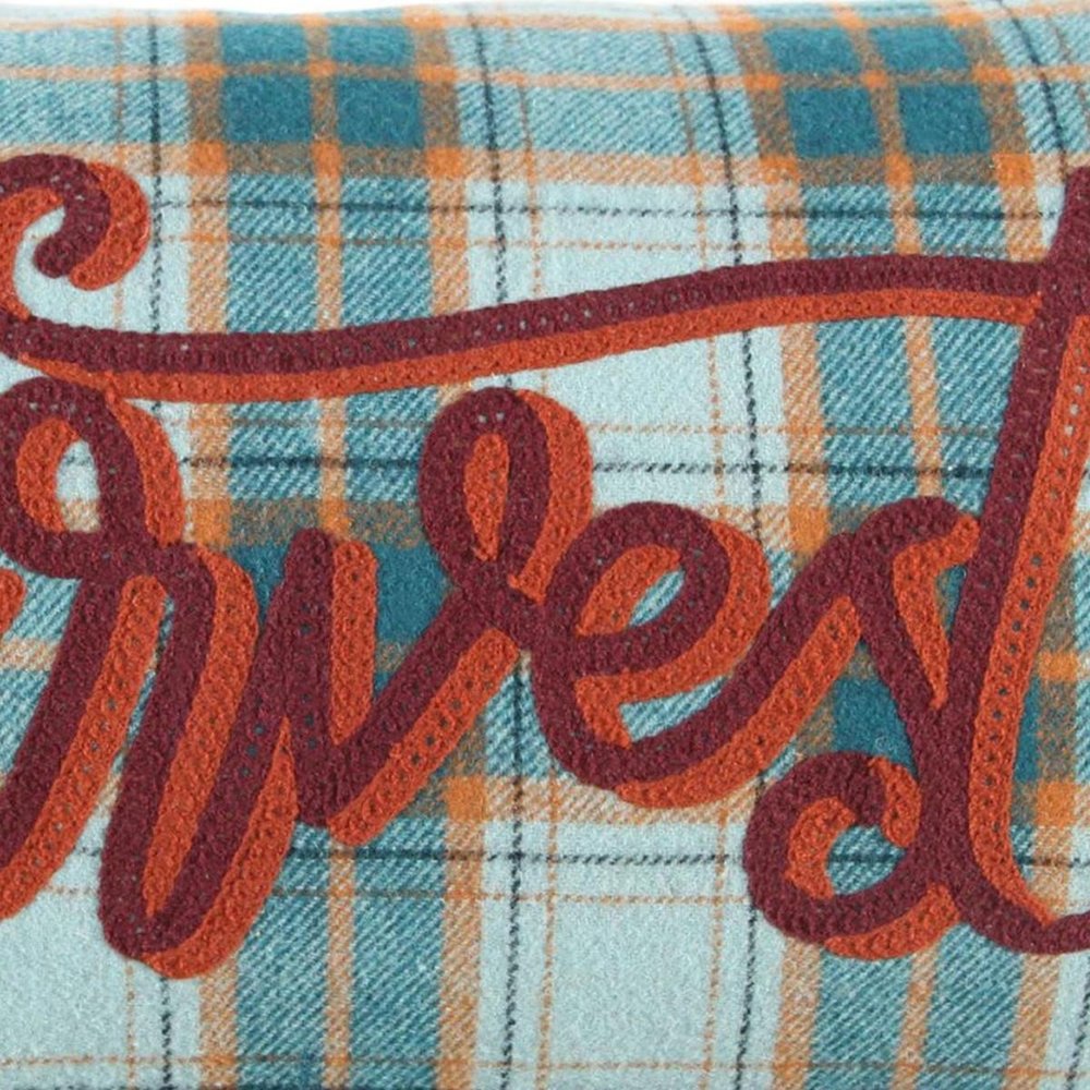 14" X 26" Blue And Orange Harvest Plaid Wool Blend Lumbar Throw Pillow with Embroidery