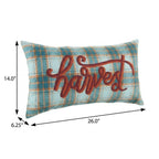 14" X 26" Blue And Orange Harvest Plaid Wool Blend Lumbar Throw Pillow with Embroidery