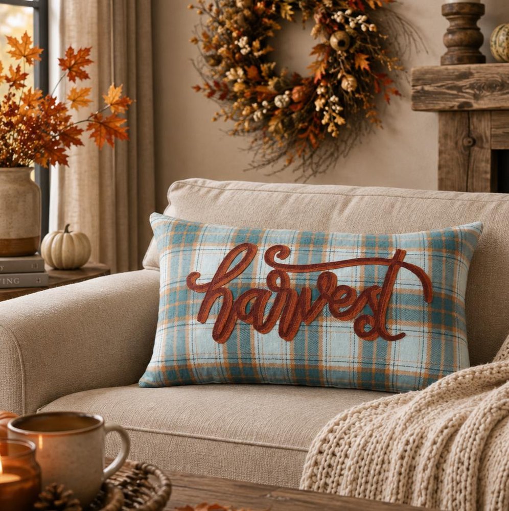14" X 26" Blue And Orange Harvest Plaid Wool Blend Lumbar Throw Pillow with Embroidery