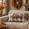 14" X 26" Blue And Orange Harvest Plaid Wool Blend Lumbar Throw Pillow with Embroidery