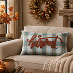 14" X 26" Blue And Orange Harvest Plaid Wool Blend Lumbar Throw Pillow with Embroidery
