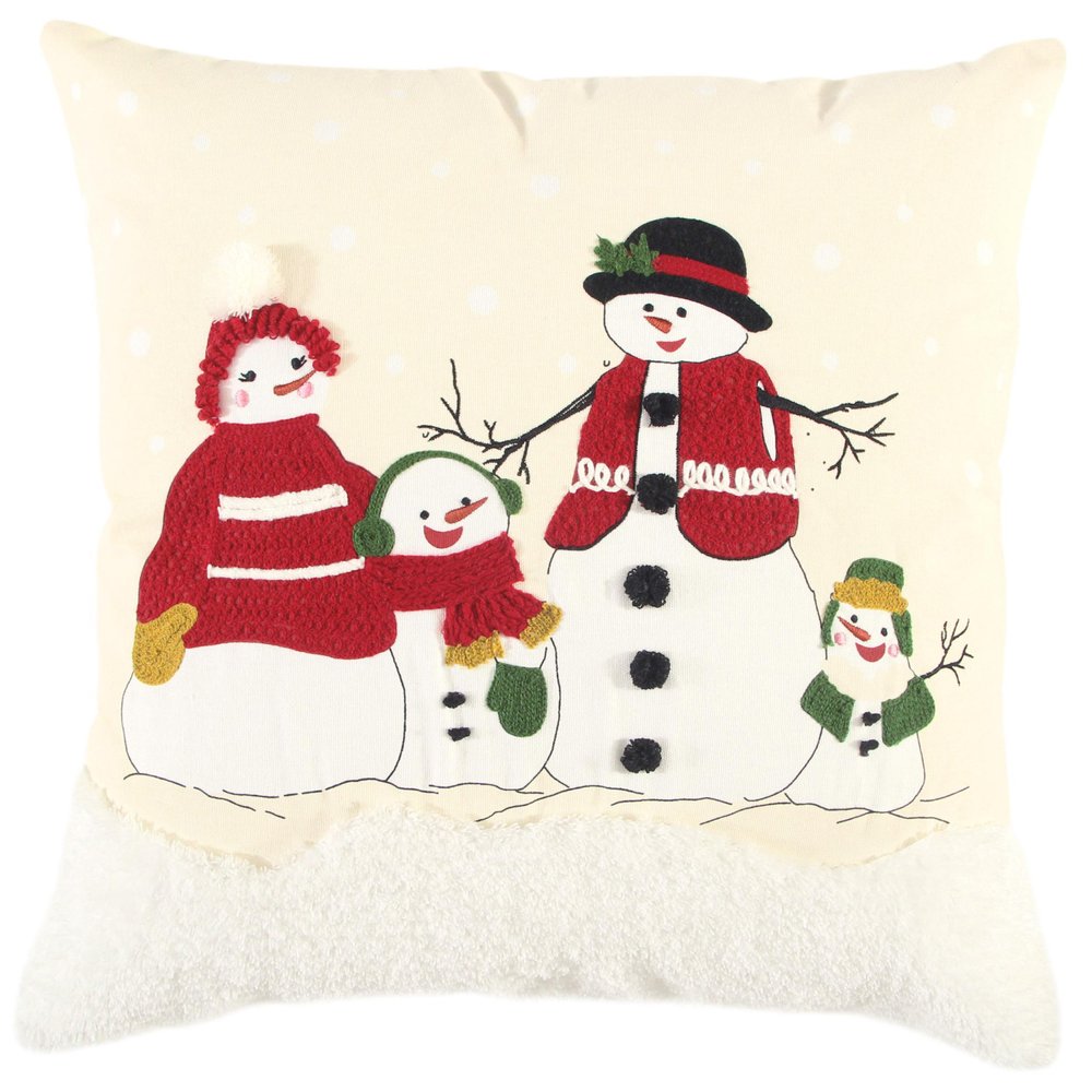 20" Ivory And Red Cotton Christmas Snowman Throw Pillow with Applique Embroidery And Pom Poms