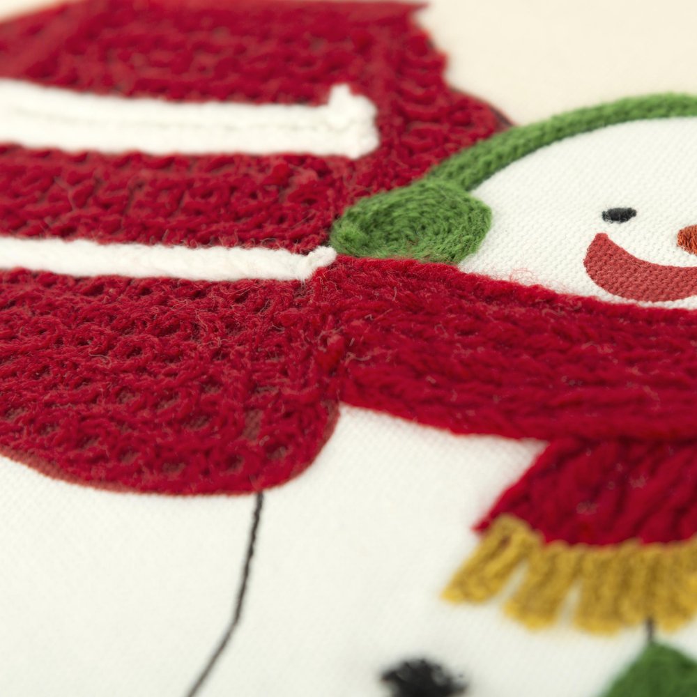 20" Ivory And Red Cotton Christmas Snowman Throw Pillow with Applique Embroidery And Pom Poms