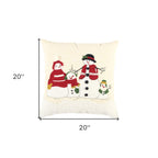 20" Ivory And Red Cotton Christmas Snowman Throw Pillow with Applique Embroidery And Pom Poms
