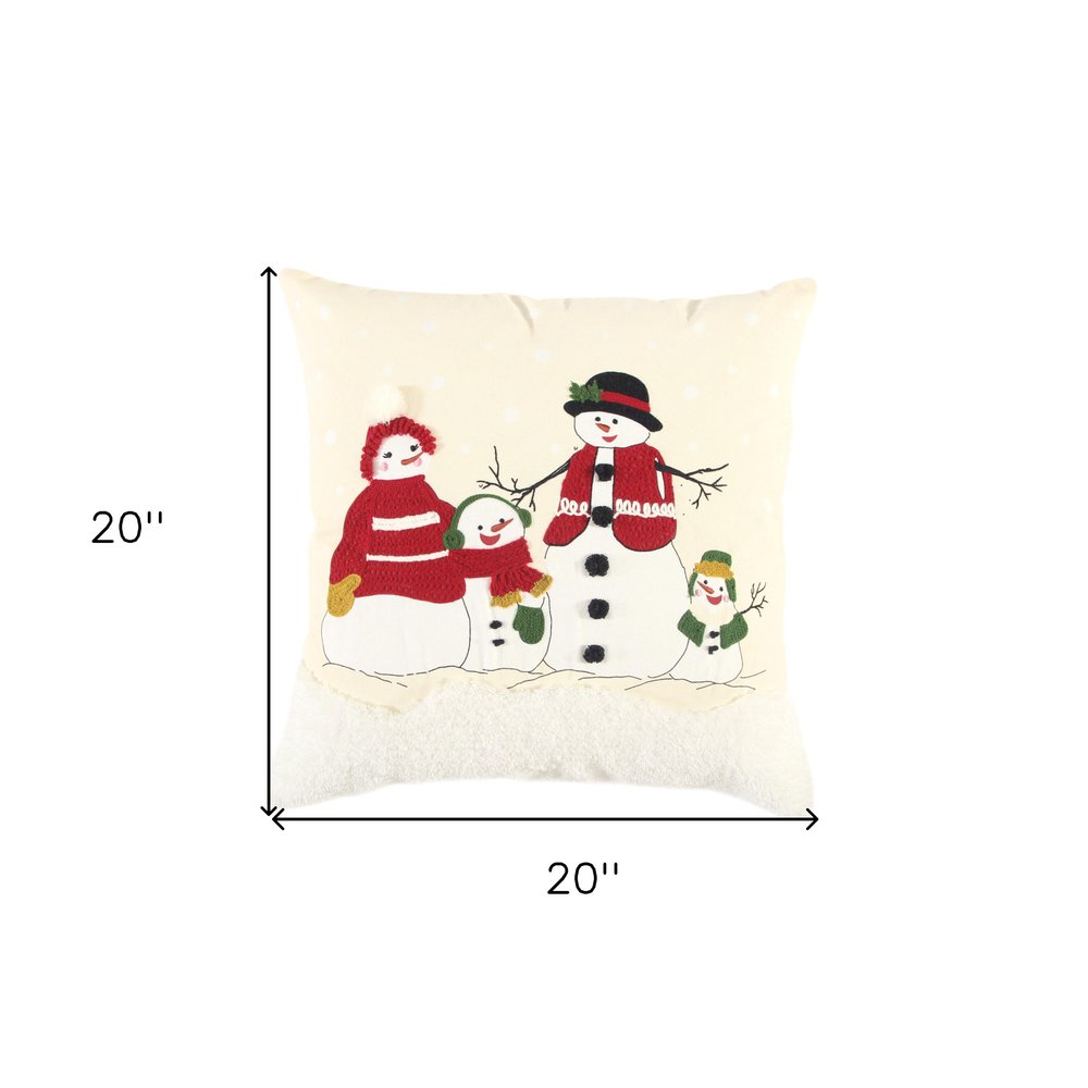 20" Ivory And Red Cotton Christmas Snowman Throw Pillow with Applique Embroidery And Pom Poms