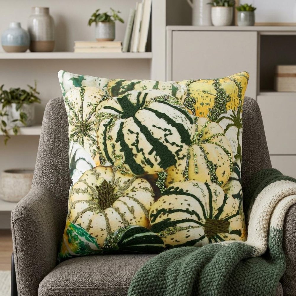 20" Green And White Pumpkins Cotton Throw Pillow with Beads And Embroidery