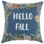18" Blue And Ivory Hello Fall Cotton Throw Pillow with Embroidery
