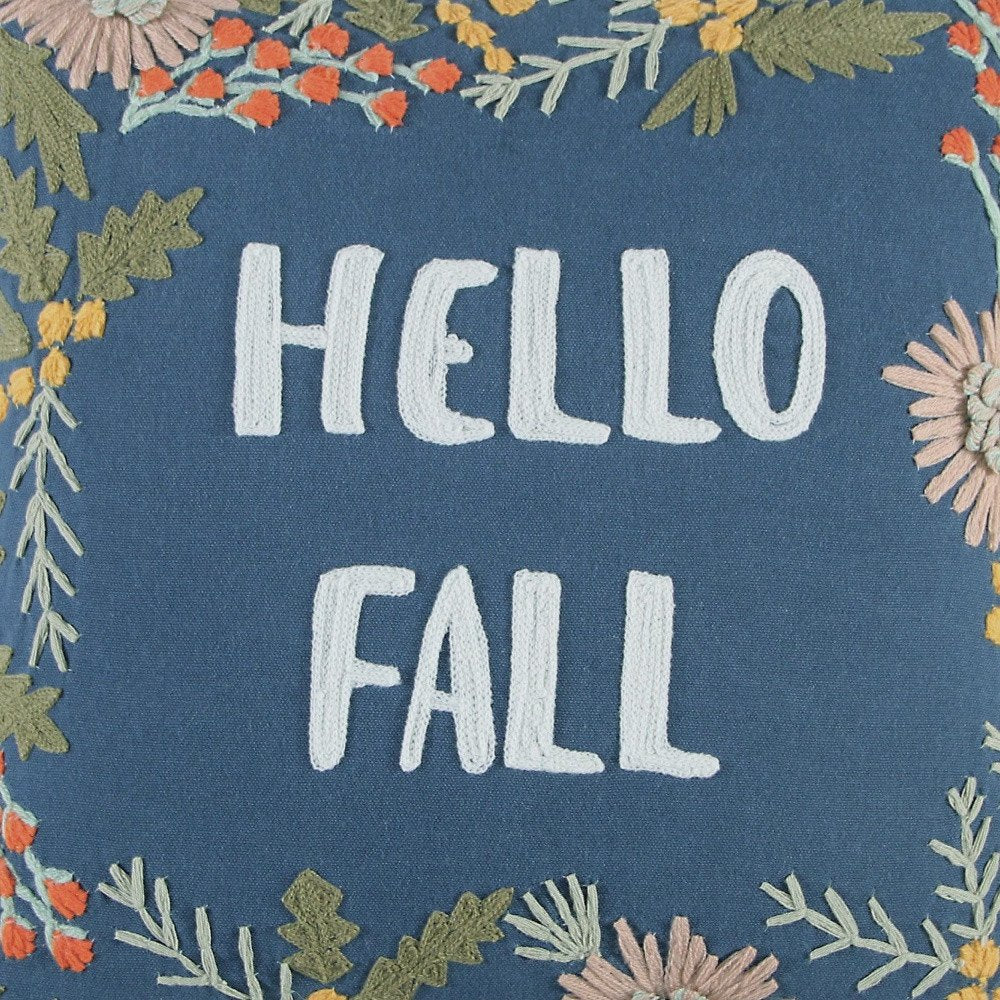 18" Blue And Ivory Hello Fall Cotton Throw Pillow with Embroidery