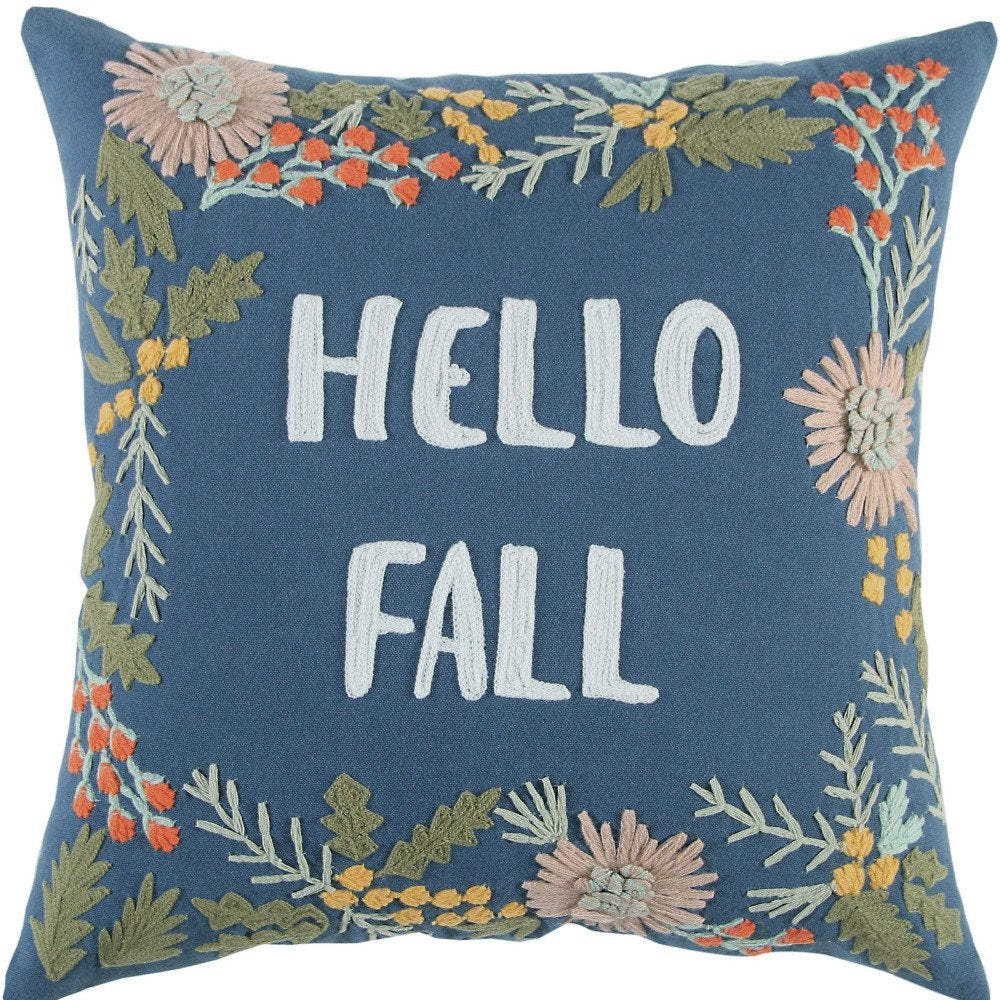 18" Blue And Ivory Hello Fall Cotton Throw Pillow with Embroidery