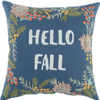 18" Blue And Ivory Hello Fall Cotton Throw Pillow with Embroidery