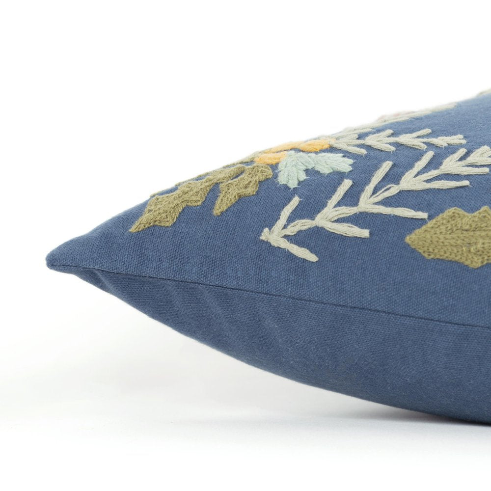 18" Blue And Ivory Hello Fall Cotton Throw Pillow with Embroidery