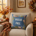 18" Blue And Ivory Hello Fall Cotton Throw Pillow with Embroidery