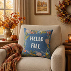 18" Blue And Ivory Hello Fall Cotton Throw Pillow with Embroidery
