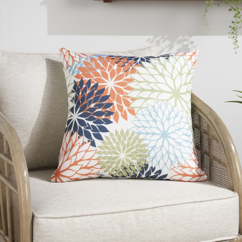 20" Orange Green and Blue Floral Indoor Outdoor Throw Pillow