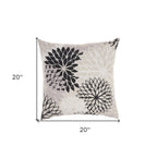 20" Black Gray and White Handmade Floral Indoor Outdoor Throw Pillow