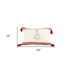 16" X 24" Red and White Christmas Tree Cotton Zippered Pillow With Tassels