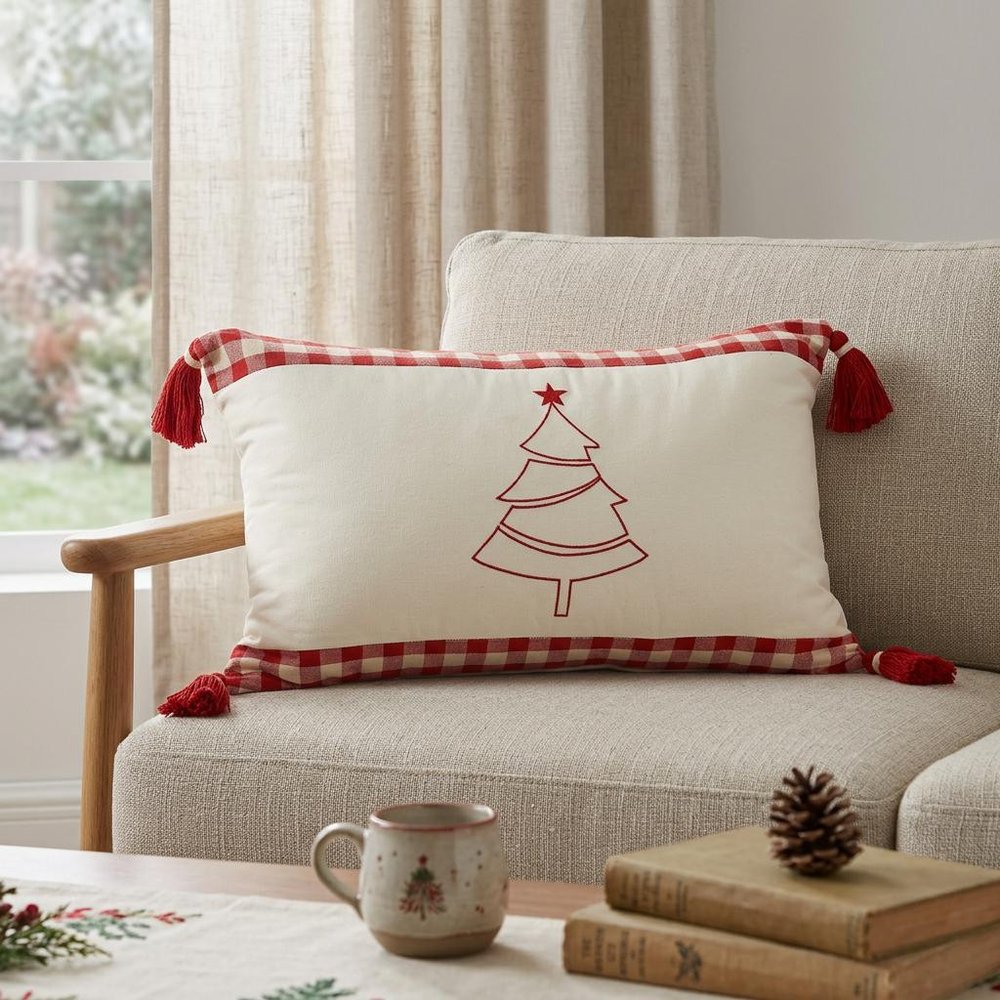 16" X 24" Red and White Christmas Tree Cotton Zippered Pillow With Tassels