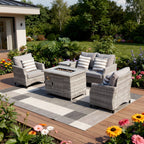Five Piece Gray Rattan Sofa Seating Group With Fire Pit And Table