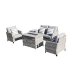 Five Piece Gray Rattan Sofa Seating Group With Fire Pit And Table