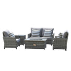 Five Piece Gray Rattan Sofa Seating Group With Fire Pit And Table