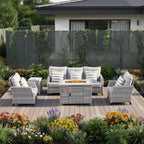 Five Piece Gray Rattan Sofa Seating Group With Fire Pit And Table