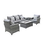 Five Piece Gray Rattan Sofa Seating Group With Fire Pit And Table