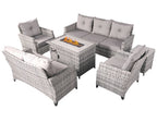 Six Piece Gray Rattan Sofa Seating Group With Fire Pit And Table