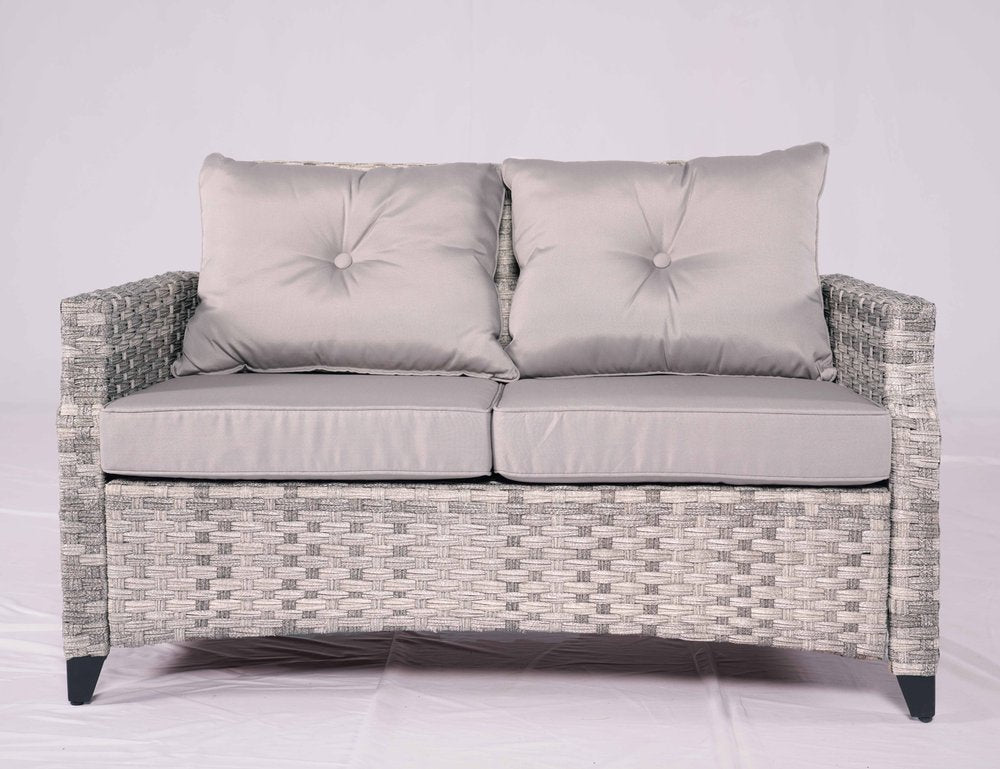 Six Piece Gray Rattan Sofa Seating Group With Fire Pit And Table