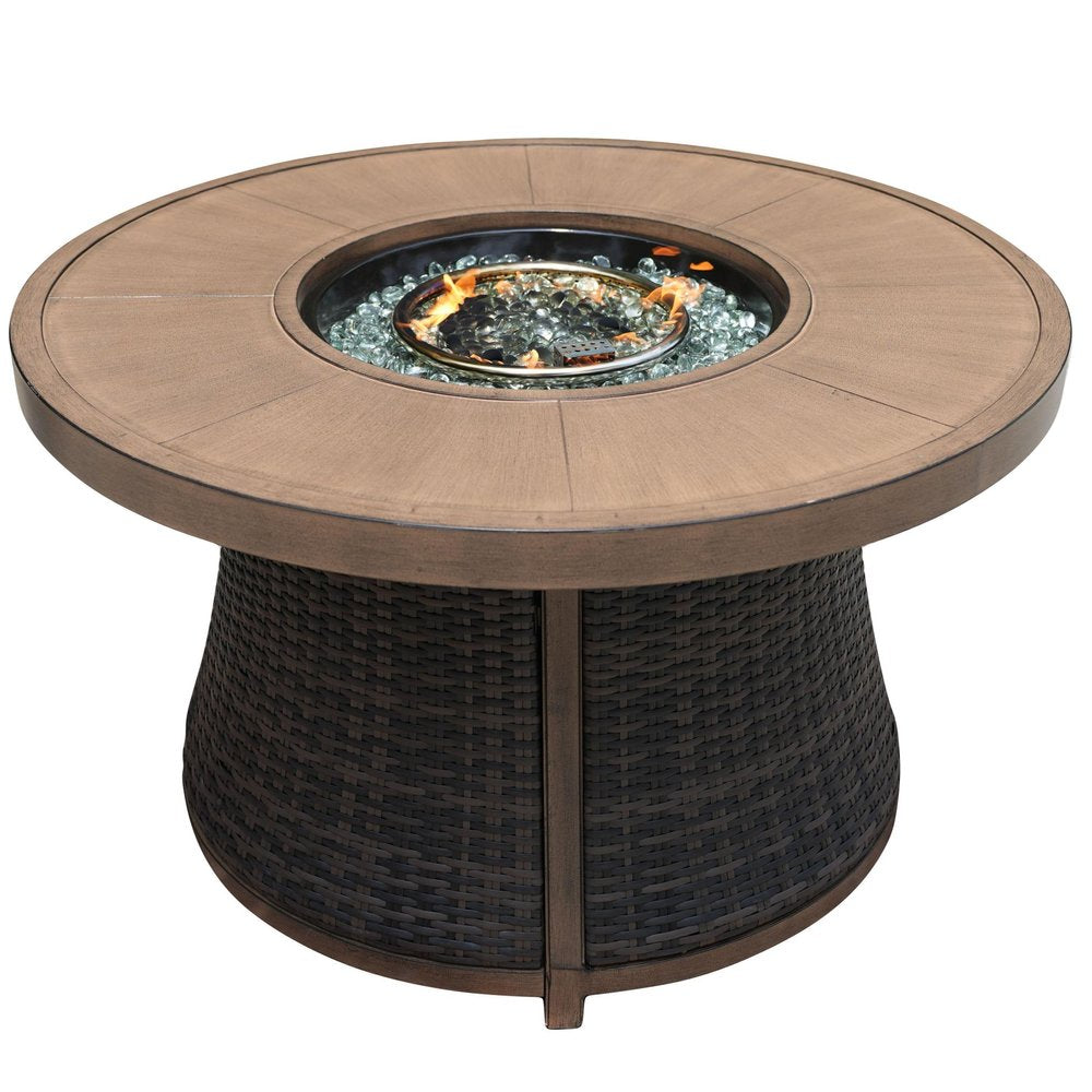 50000 BTU 42" Brown Aluminum And Rattan Propane Round Fire Pit Table With Cover