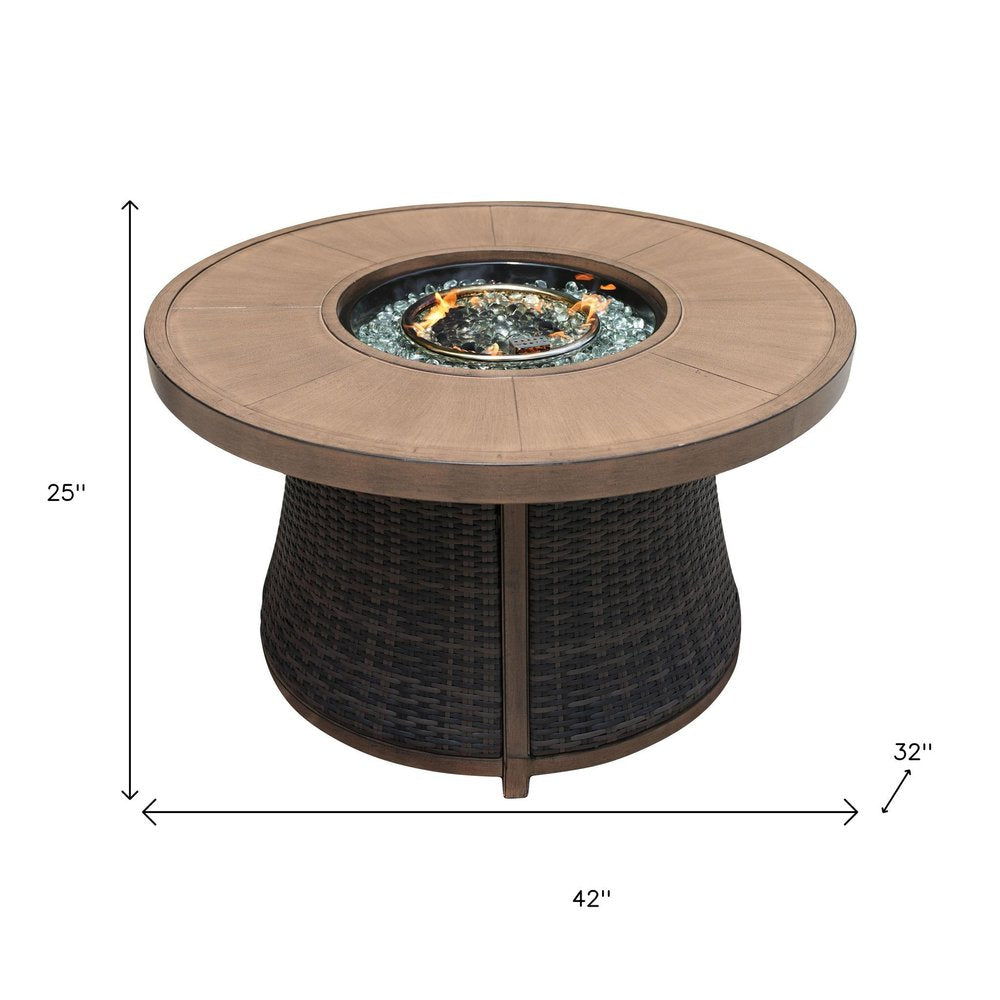 50000 BTU 42" Brown Aluminum And Rattan Propane Round Fire Pit Table With Cover