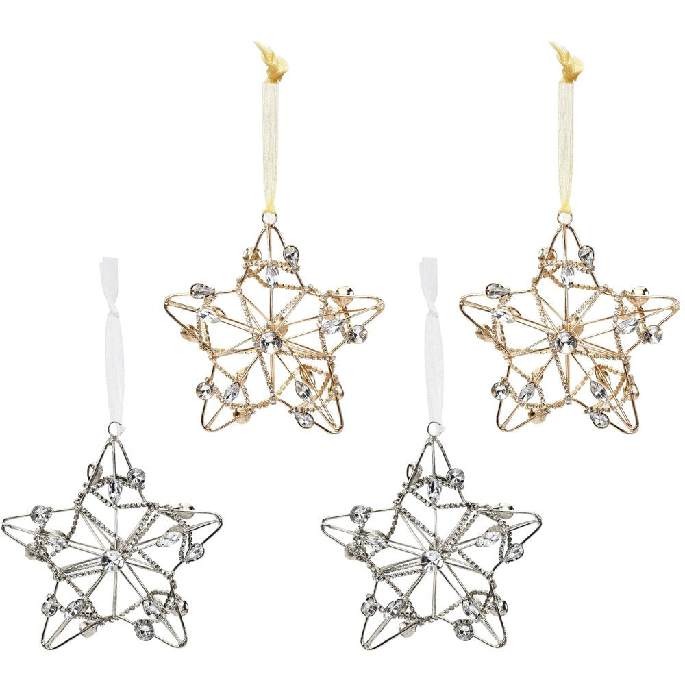 Set of Four Gold And Silver Handmade Faux Crystal And Metal Hanging Star Ornaments