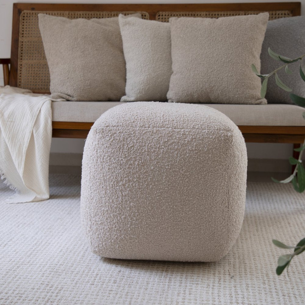 18" Beige Polyester Cube Outdoor Pouf Ottoman